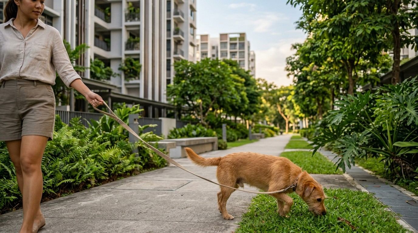 Dog settling into a Singapore neighbourhood on a walk with its owner
